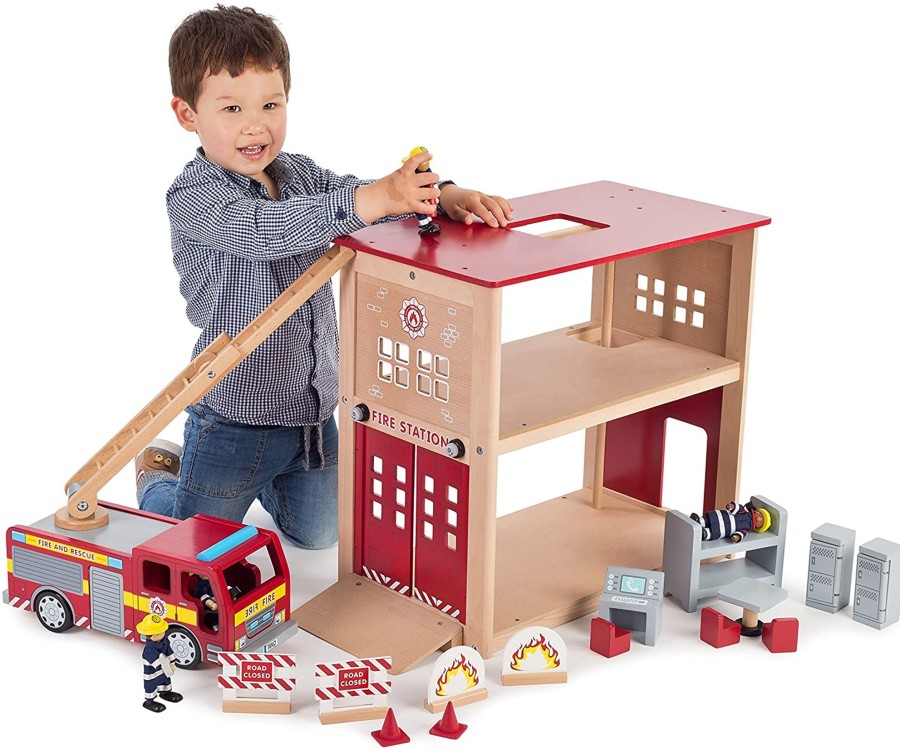 Toys John Crane / Tidlo Fire Engines And Tractors | Wooden Fire Station Set - John Crane Pintoy