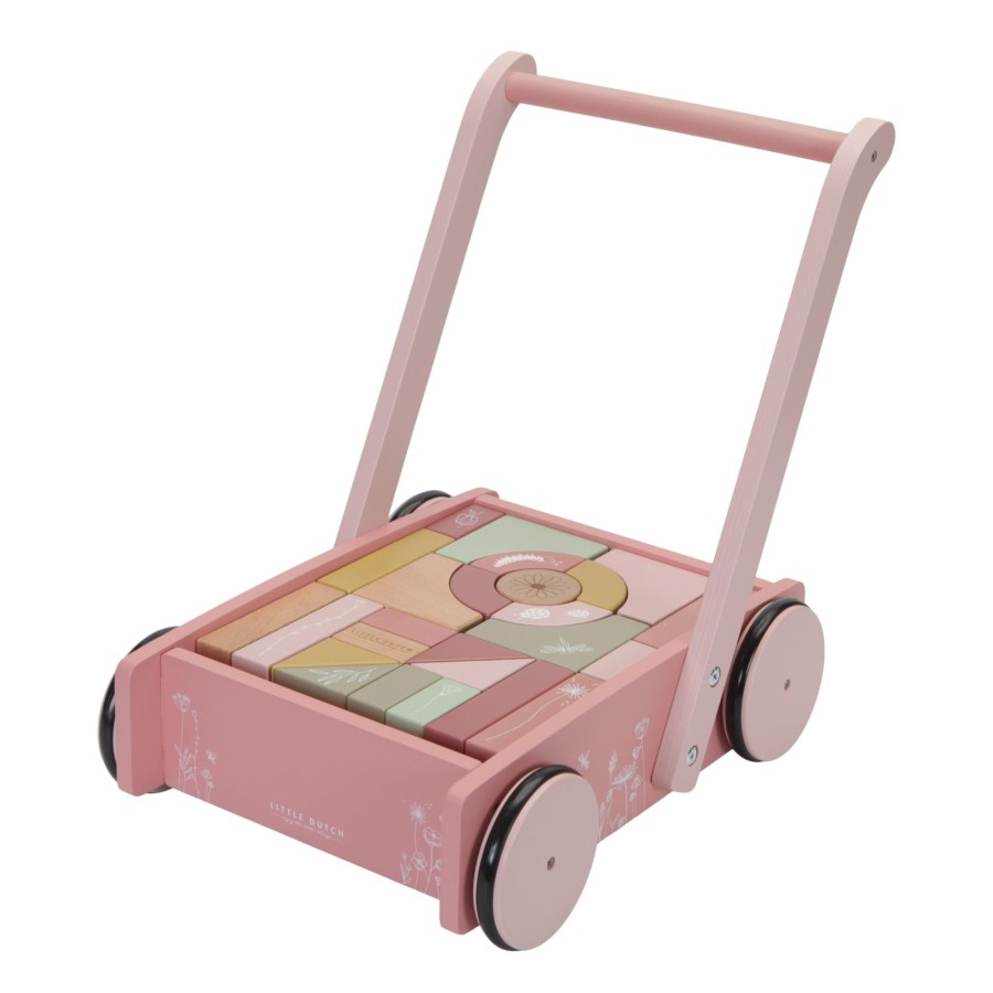 Toys Little Dutch Wooden Baby Walkers | Little Dutch Block Trolley Flowers & Butterflies